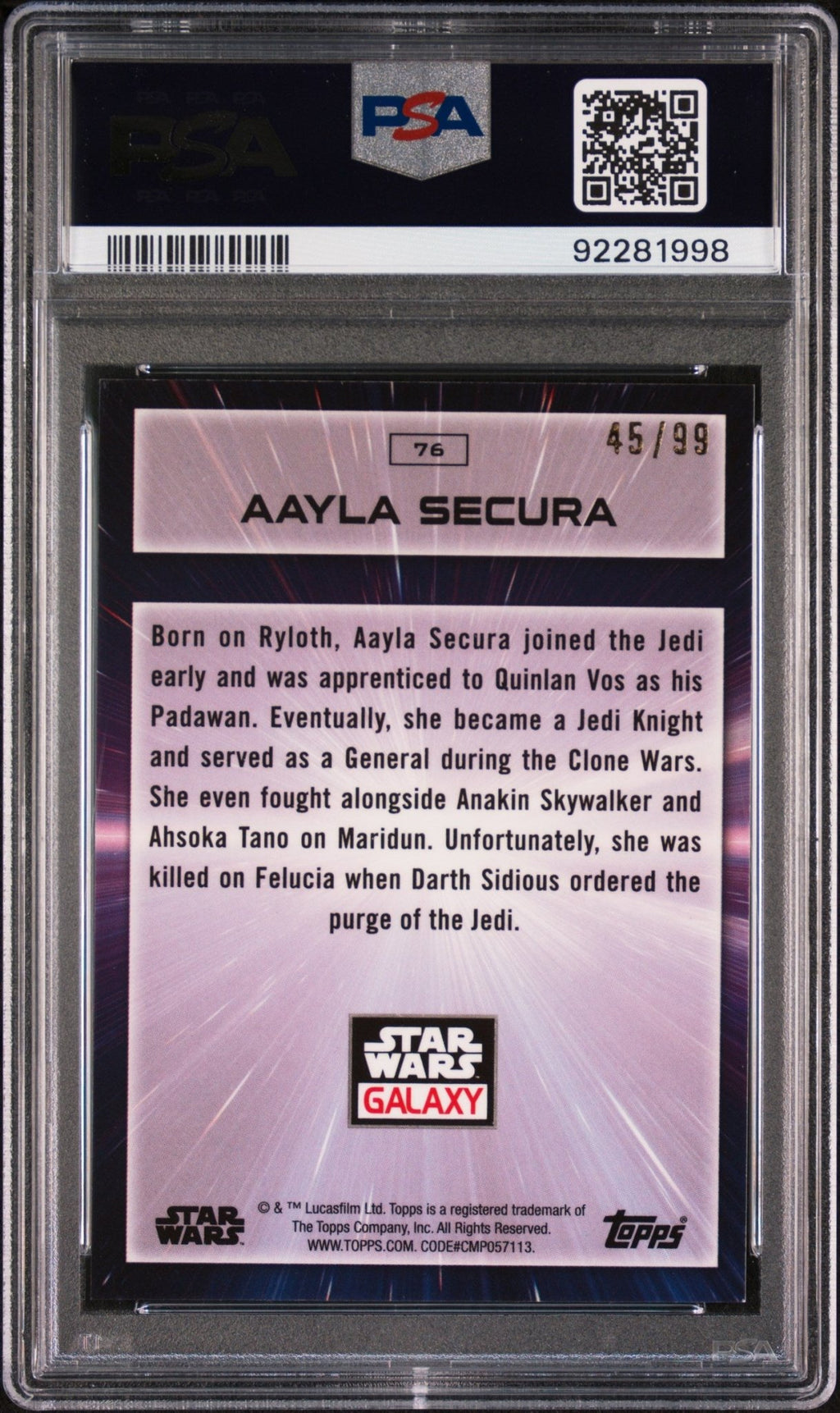 AAYLA SECURA PSA 9 2022 Topps Chrome Galaxy Star Wars Refractor #76 45/99 Star Wars Graded Cards Parallel Serial Numbered - Hobby Gems