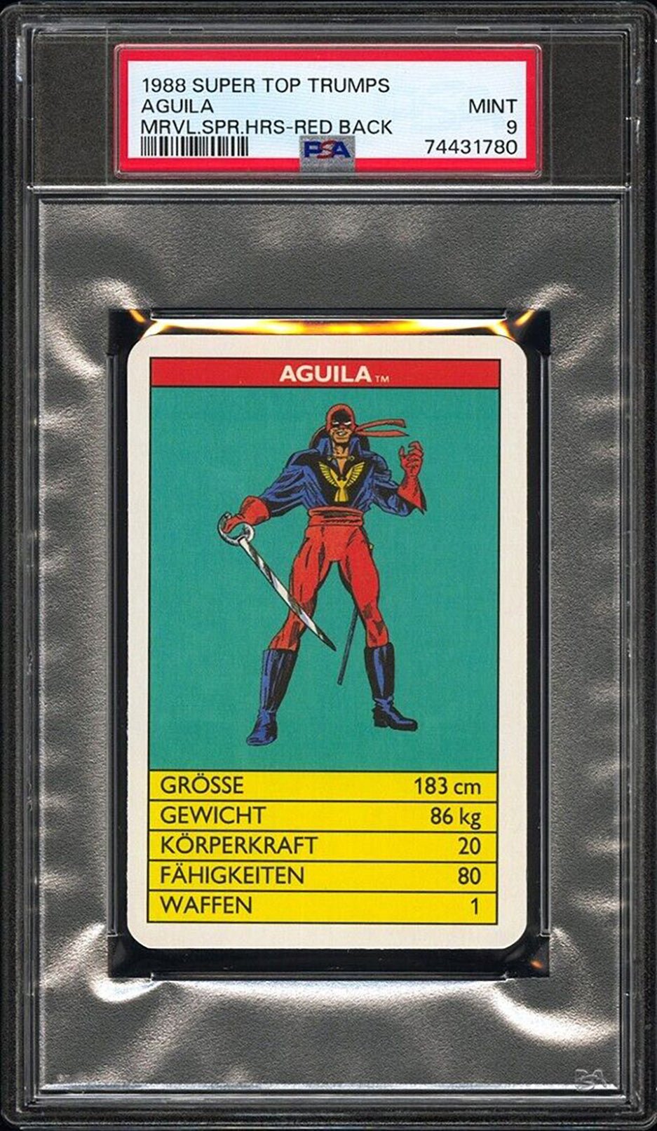 AGUILA PSA 9 1988 Super Top Trumps Marvel Super Heroes Red Back Marvel Base Graded Cards - Hobby Gems
