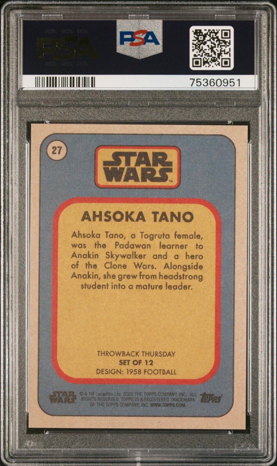 AHSOKA TANO PSA 10 2023 Topps Star Wars Throwback Thursday TBT #27 C1 Star Wars Base Graded Cards - Hobby Gems