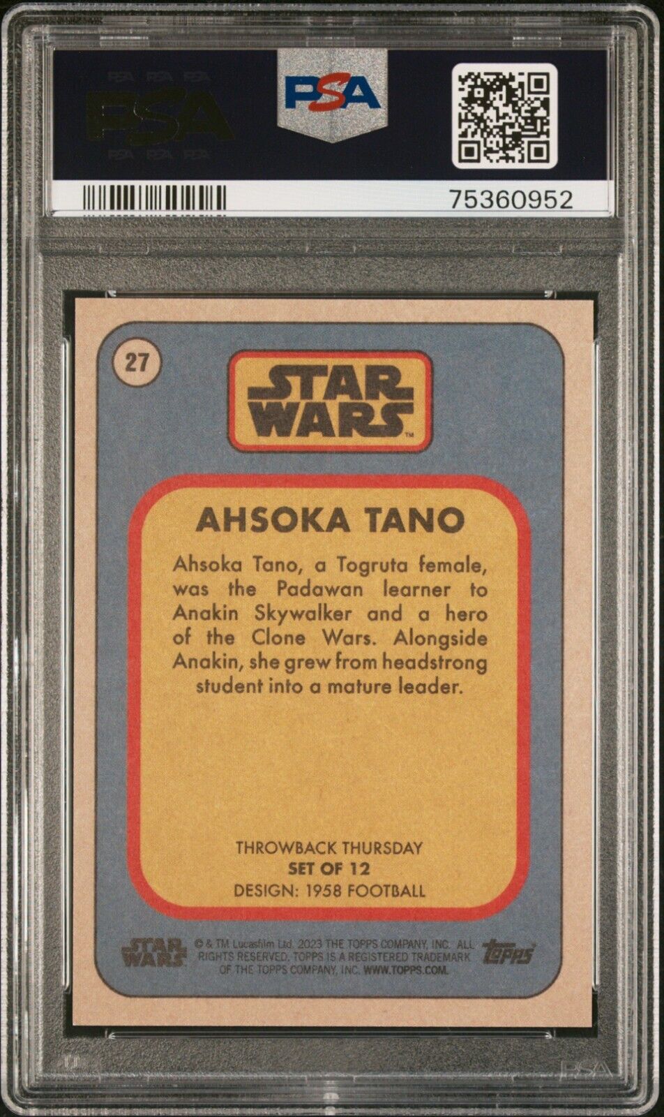 AHSOKA TANO PSA 10 2023 Topps Star Wars Throwback Thursday TBT #27 C2 Star Wars Base Graded Cards - Hobby Gems