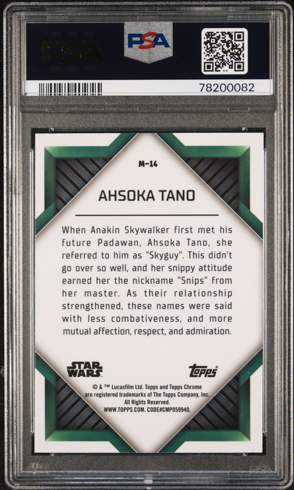 AHSOKA TANO PSA 9 2023 Topps Star Wars Chrome Monikers SNIPS #M-14 Star Wars Graded Cards Insert - Hobby Gems