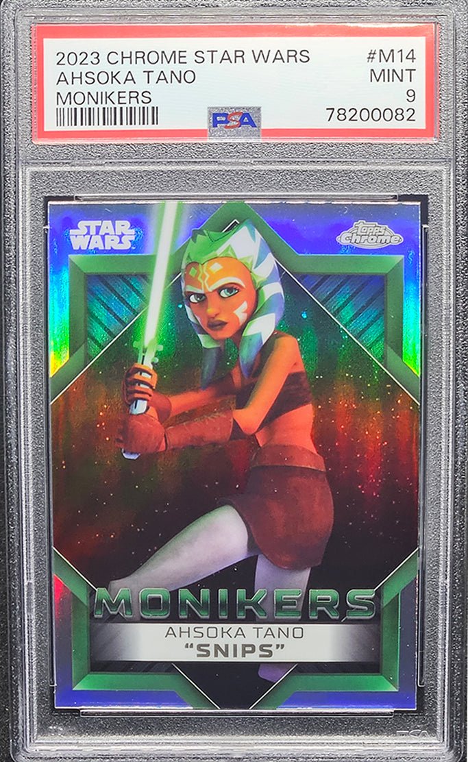 AHSOKA TANO PSA 9 2023 Topps Star Wars Chrome Monikers SNIPS #M-14 Star Wars Graded Cards Insert - Hobby Gems