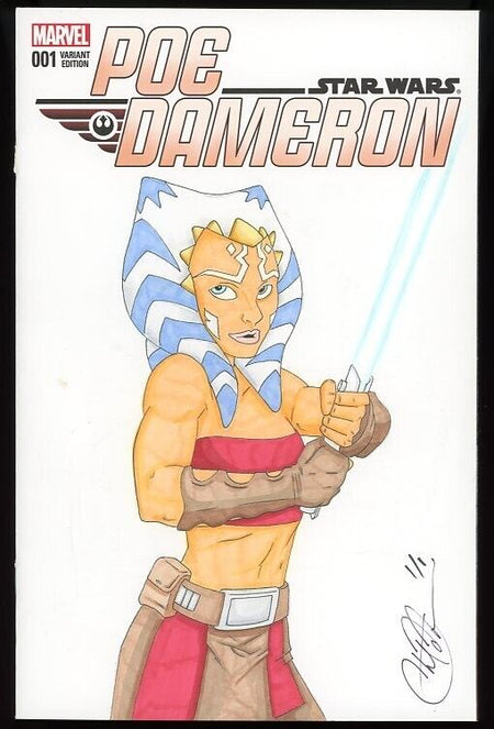 AHSOKA TANO Star Wars Comic Poe Dameron Variant #1 Chris Moore Sketch 1/1 Star Wars Autograph Sketch - Hobby Gems