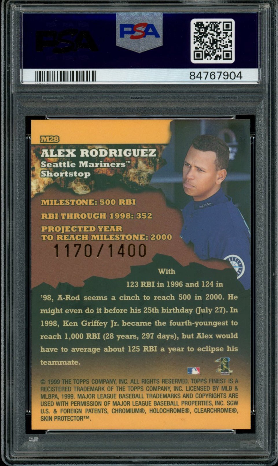 ALEX RODRIGUEZ PSA 9 1999 Topps Finest Milestones Refractor #M28 1170/1400 Baseball Graded Cards Insert Parallel - Hobby Gems