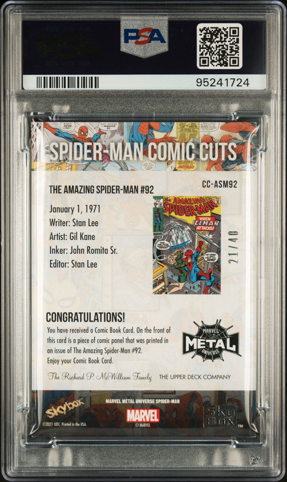 AMAZING SPIDER - MAN PSA 8 2022 Skybox Marvel Metal Universe Spider - Man Comic Cuts #92 21/40 Marvel Graded Cards Insert Serial Numbered - Hobby Gems