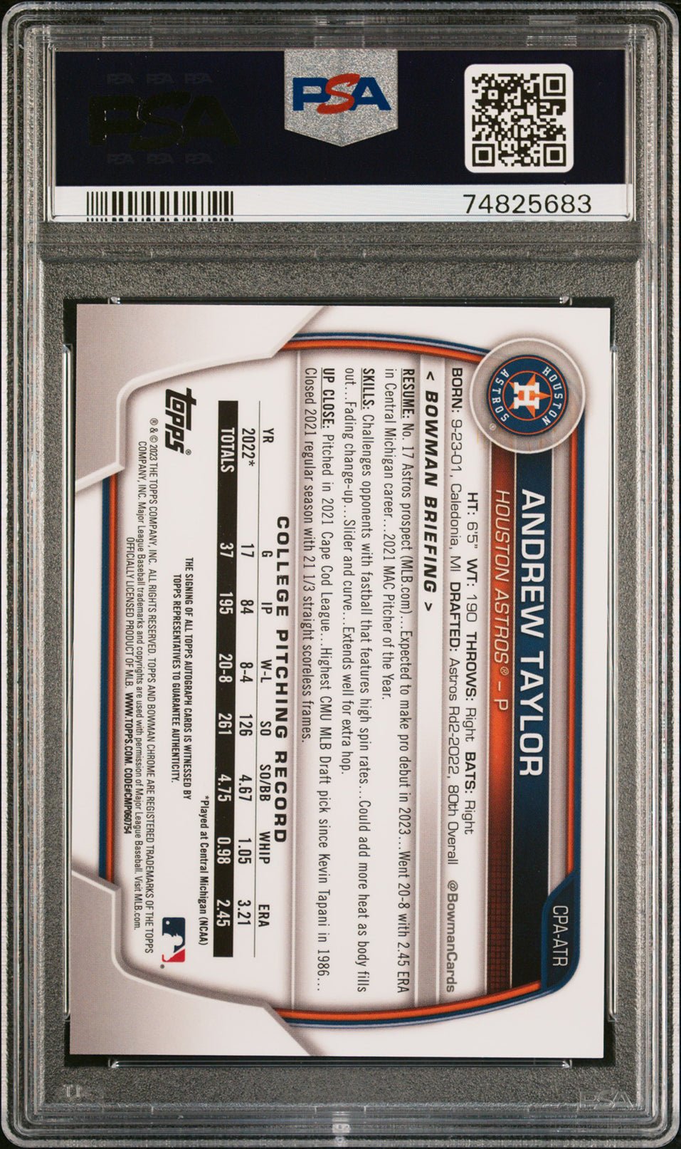 ANDREW TAYLOR PSA 9 2023 Bowman Chrome Auto Blue Lunar Crater Refractor 73/150 Baseball Autograph Graded Cards Parallel - Hobby Gems