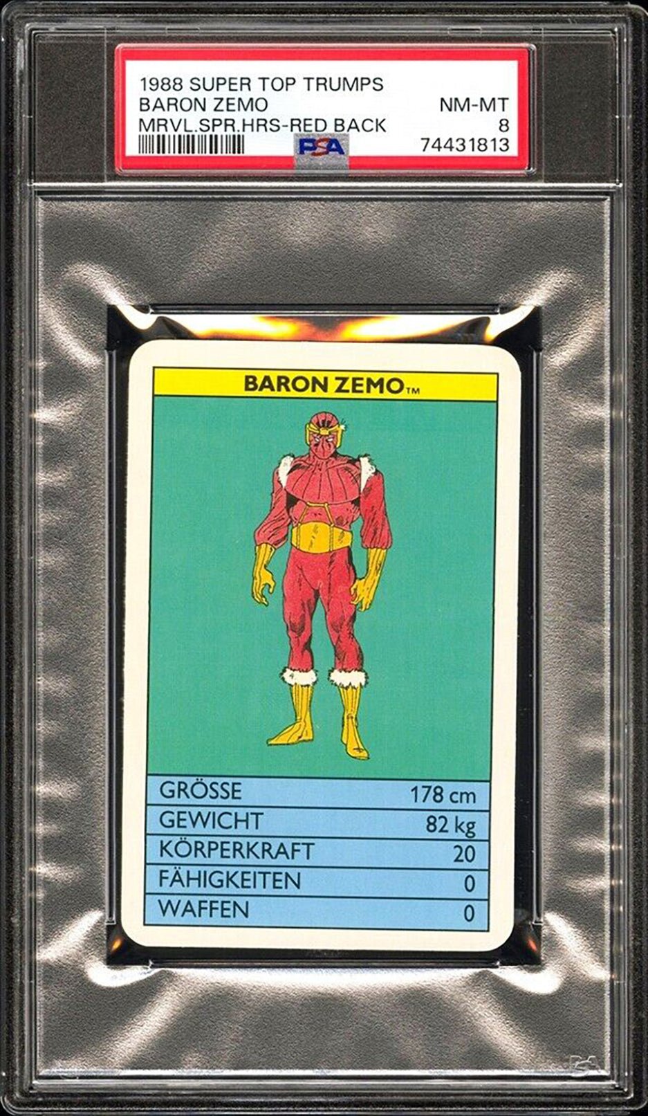 BARON ZEMO PSA 8 1988 Super Top Trumps Marvel Super Heroes Red Back Marvel Base Graded Cards - Hobby Gems