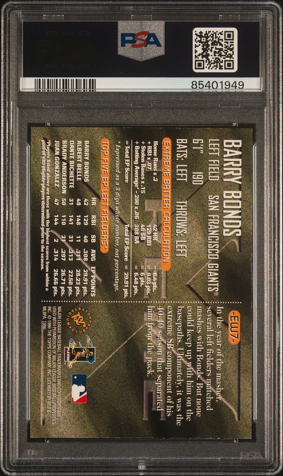 BARRY BONDS PSA 8 1996 Stadium Club Extreme Winners Bronze #EW7 Baseball Graded Cards Insert - Hobby Gems