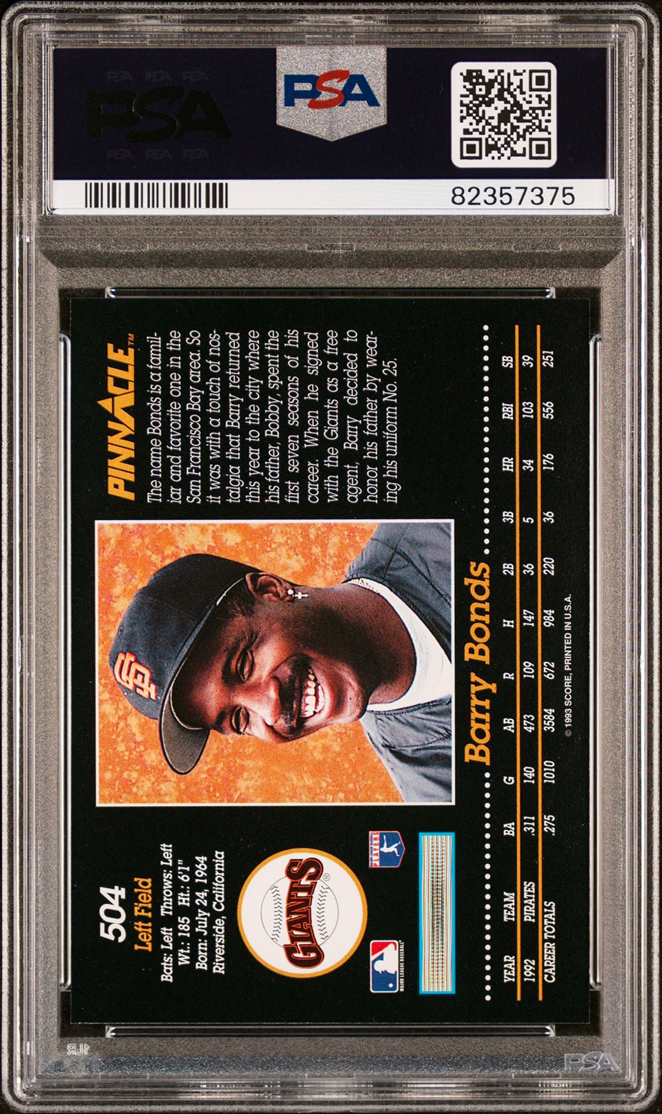 BARRY BONDS PSA 9 1993 Pinnacle #504 Baseball Base Graded Cards - Hobby Gems