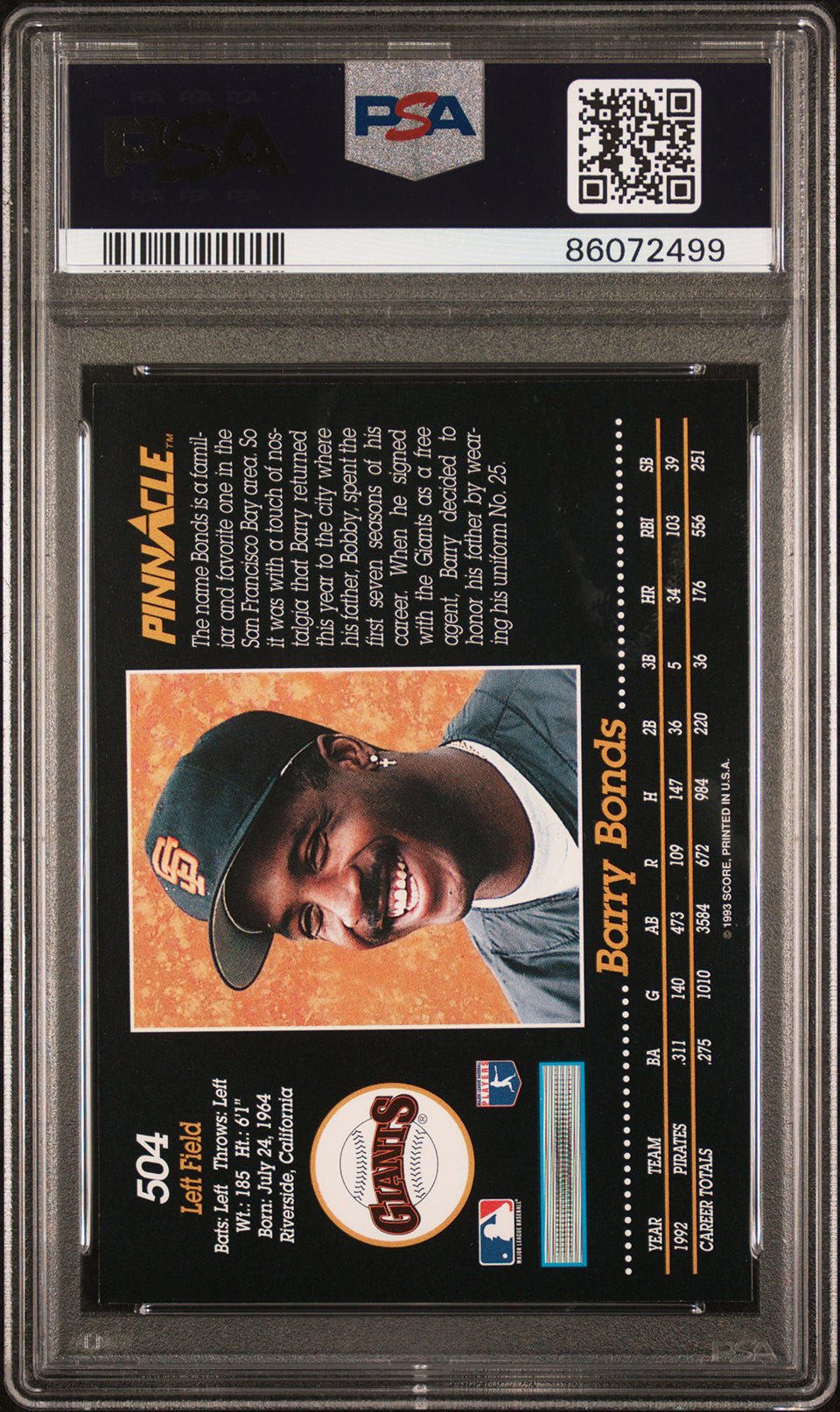 BARRY BONDS PSA 9 1993 Pinnacle #504 C2 Baseball Base Graded Cards - Hobby Gems