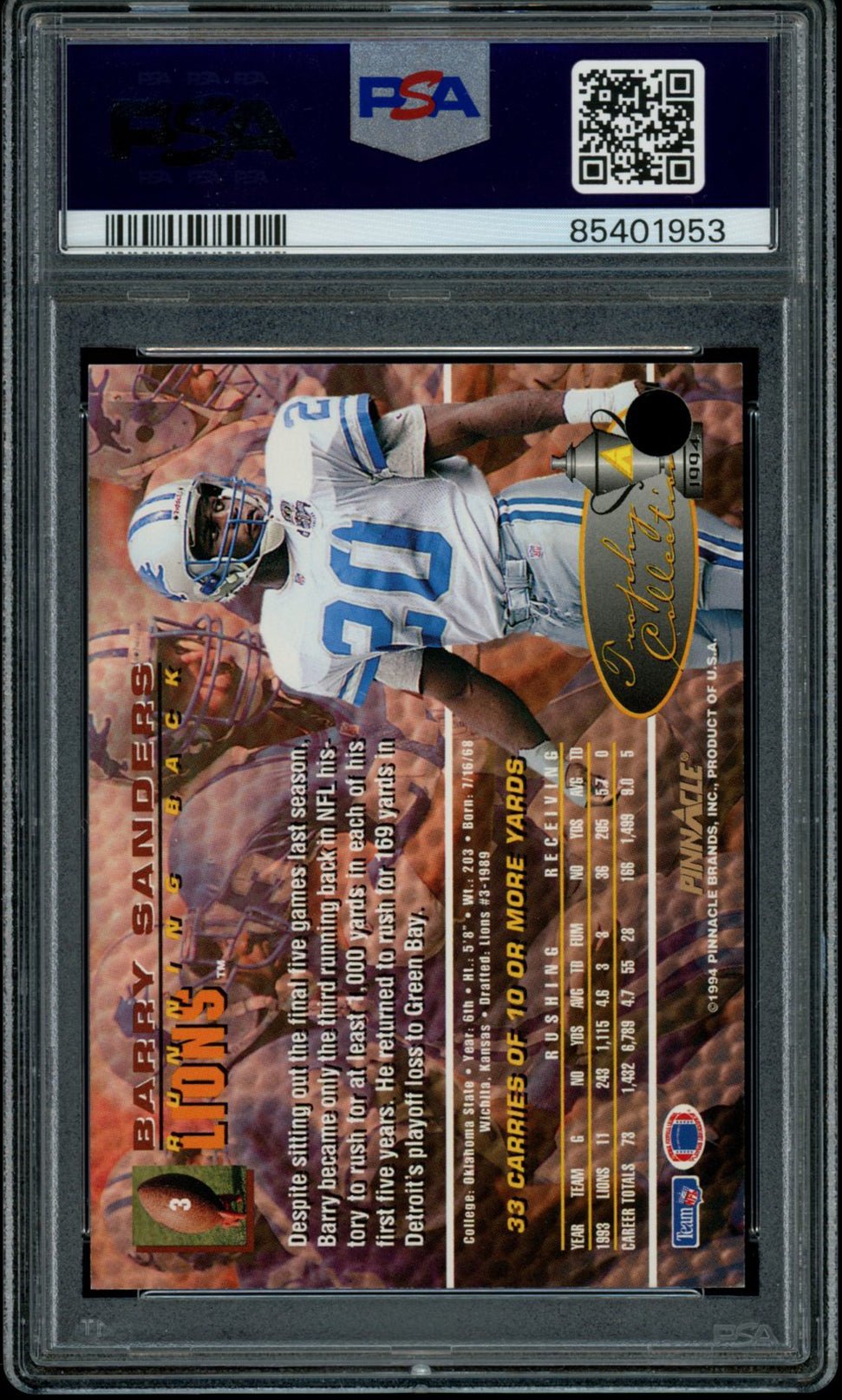 BARRY SANDERS PSA 8 1994 Pinnacle Sample Promo #3 Football Base Graded Cards - Hobby Gems