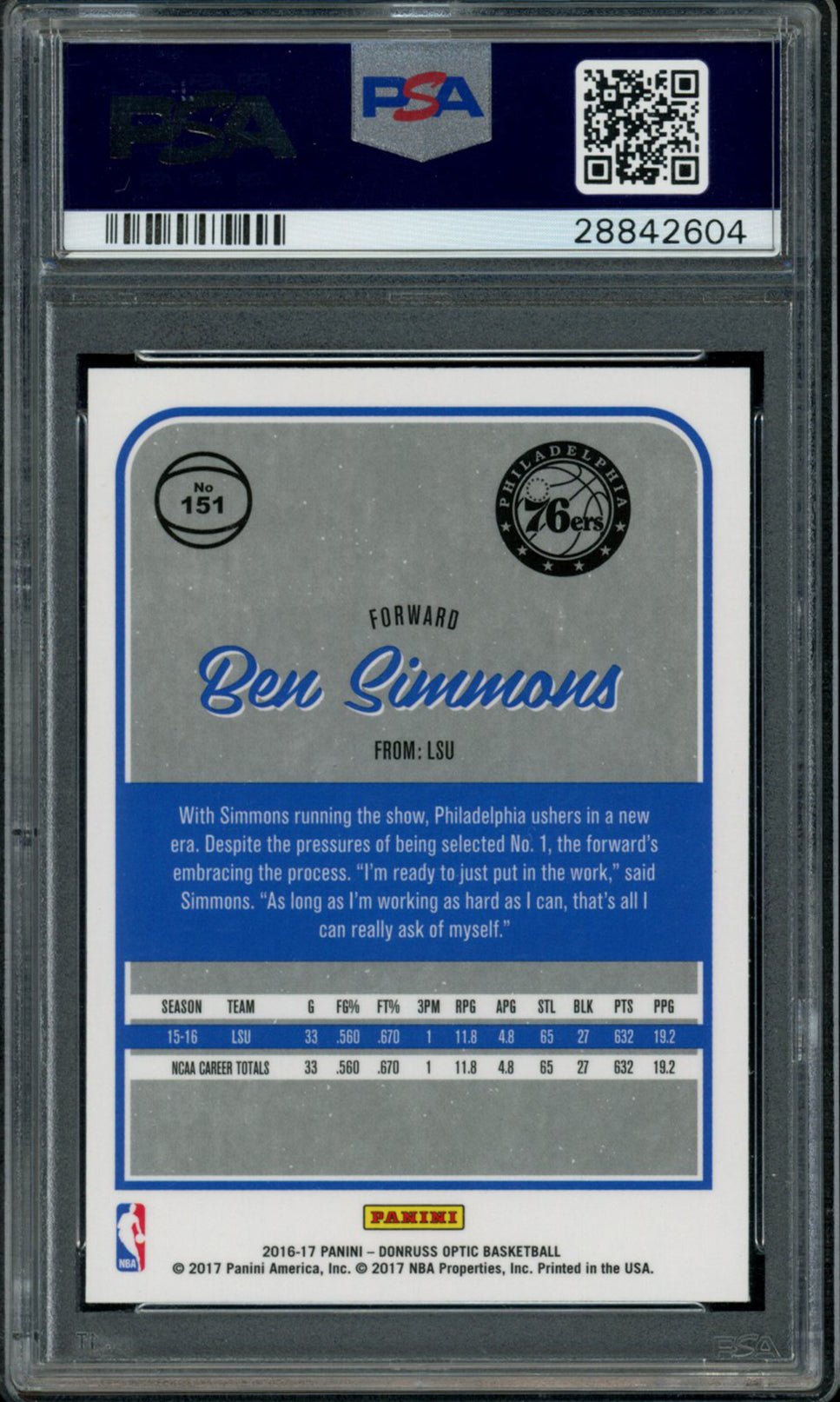 BEN SIMMONS PSA 10 2016-17 Panini Donruss Optic RC #151 Basketball Base Graded Cards RC - Hobby Gems