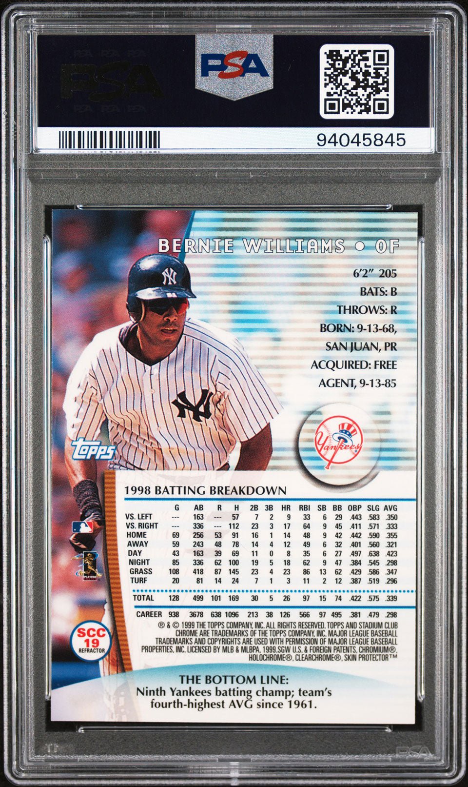 BERNIE WILLIAMS PSA 9 1999 Stadium Club Chrome #SCC19 Refractor Text Error Baseball Error Graded Cards Parallel - Hobby Gems