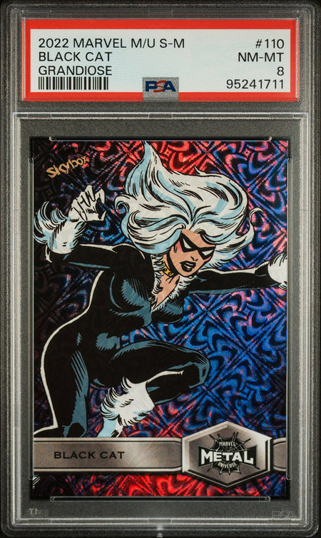 BLACK CAT PSA 8 2022 Skybox Marvel Metal Universe Spider - Man Grandiose #110 Marvel Graded Cards Parallel - Hobby Gems