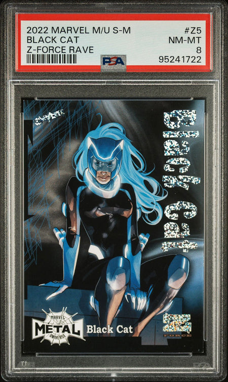 BLACK CAT PSA 8 2022 Skybox Marvel Metal Universe Spider - Man Z - Force Rave #Z5 3/100 Marvel Graded Cards Insert Parallel - Hobby Gems