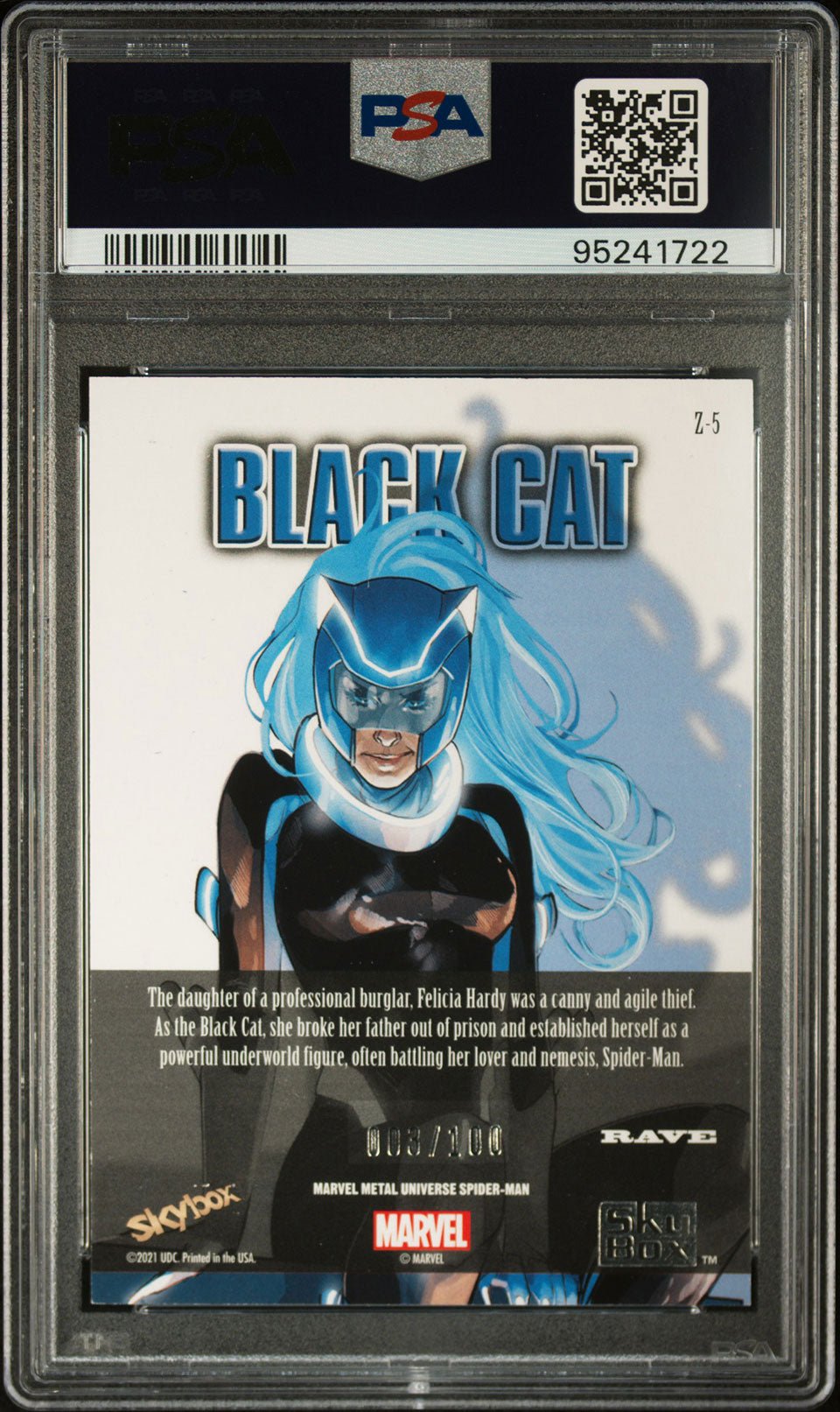 BLACK CAT PSA 8 2022 Skybox Marvel Metal Universe Spider - Man Z - Force Rave #Z5 3/100 Marvel Graded Cards Insert Parallel - Hobby Gems