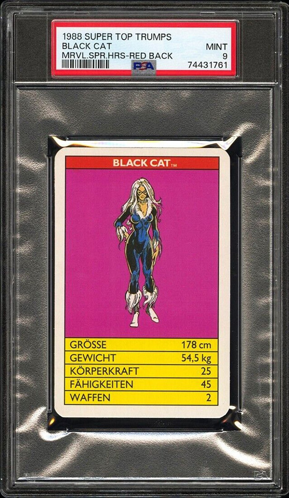 BLACK CAT PSA 9 1988 Super Top Trumps Marvel Super Heroes Red Back C1 Marvel Base Graded Cards - Hobby Gems