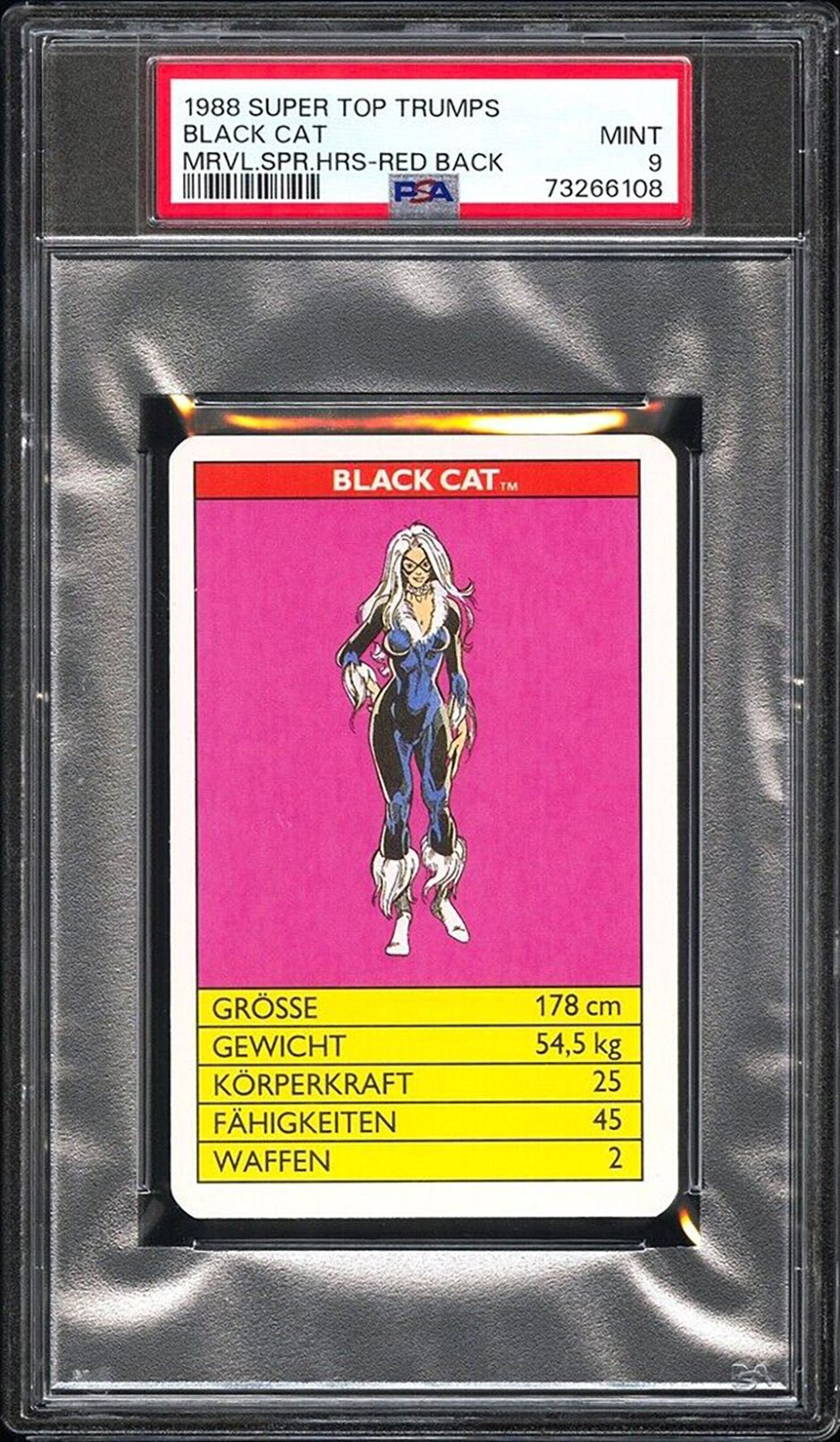 BLACK CAT PSA 9 1988 Super Top Trumps Marvel Super Heroes Red Back C2 Marvel Base Graded Cards - Hobby Gems