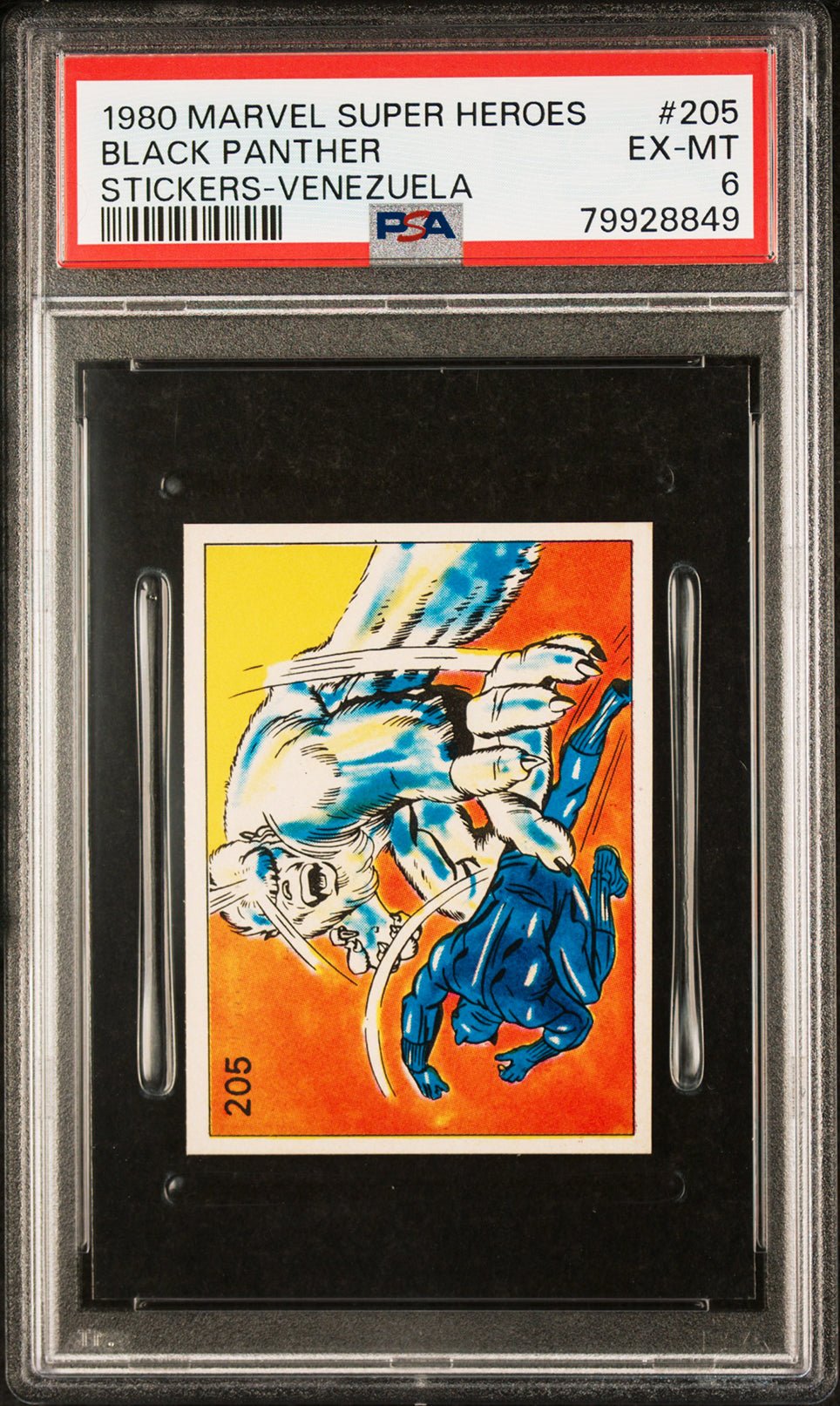 BLACK PANTHER PSA 6 1980 Marvel Super Heroes Sticker Venezuela #205 C1 Marvel Graded Cards Sticker - Hobby Gems