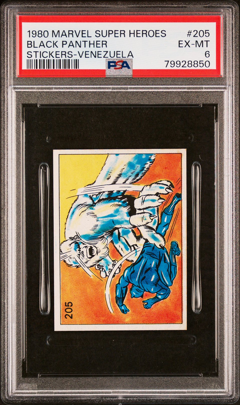 BLACK PANTHER PSA 6 1980 Marvel Super Heroes Sticker Venezuela #205 C2 Marvel Graded Cards Sticker - Hobby Gems