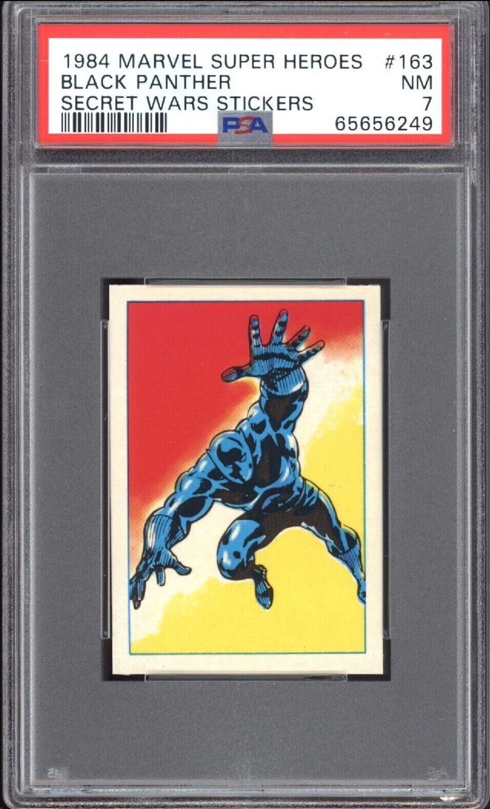 BLACK PANTHER PSA 7 1984 Marvel Super Heroes Secret Wars Sticker #163 Marvel Graded Cards Sticker - Hobby Gems