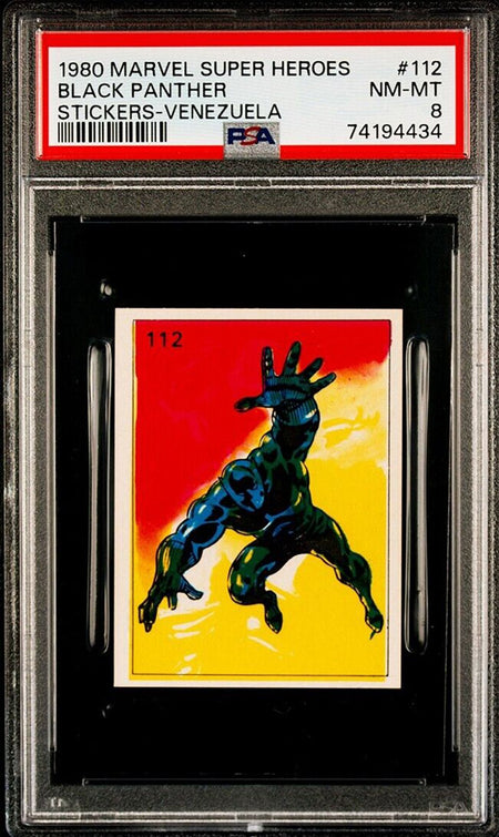 BLACK PANTHER PSA 8 1980 Marvel Super Heroes Sticker Venezuela #112 Marvel Graded Cards Sticker - Hobby Gems