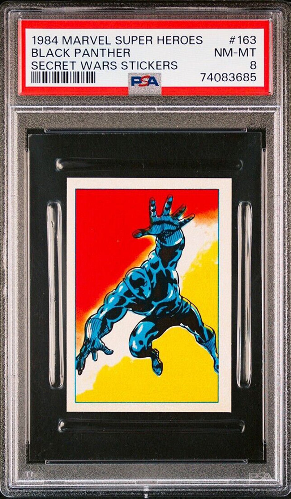 BLACK PANTHER PSA 8 1984 Marvel Super Heroes Secret Wars Sticker #163 C1 Marvel Graded Cards Sticker - Hobby Gems