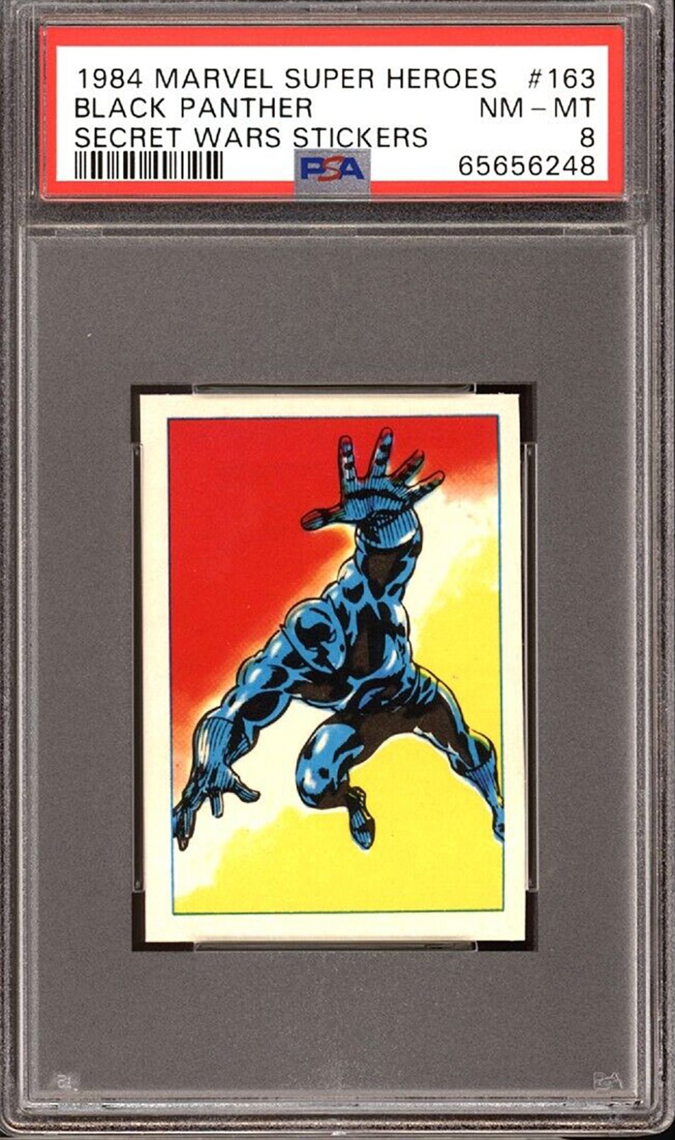 BLACK PANTHER PSA 8 1984 Marvel Super Heroes Secret Wars Sticker #163 C2 Marvel Graded Cards Sticker - Hobby Gems