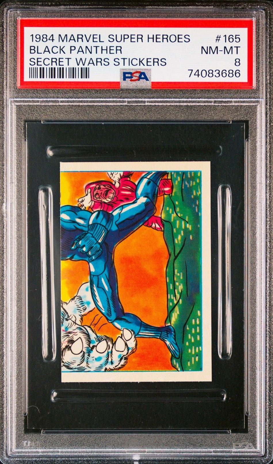 BLACK PANTHER PSA 8 1984 Marvel Super Heroes Secret Wars Sticker #165 C1 Marvel Graded Cards Sticker - Hobby Gems