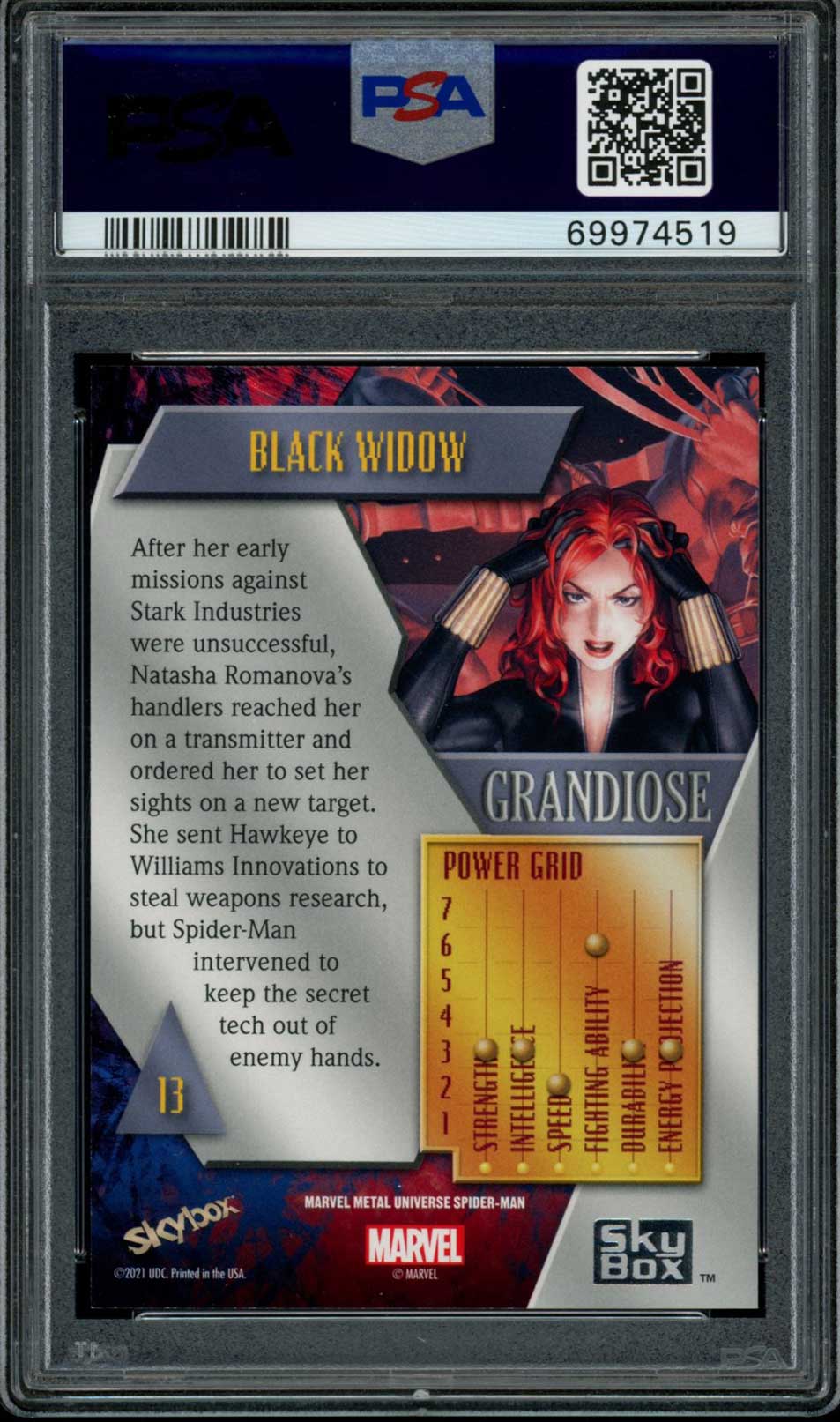 BLACK WIDOW PSA 10 2022 Marvel Metal Universe Spider - Man Grandiose #13 Marvel Graded Cards Parallel - Hobby Gems