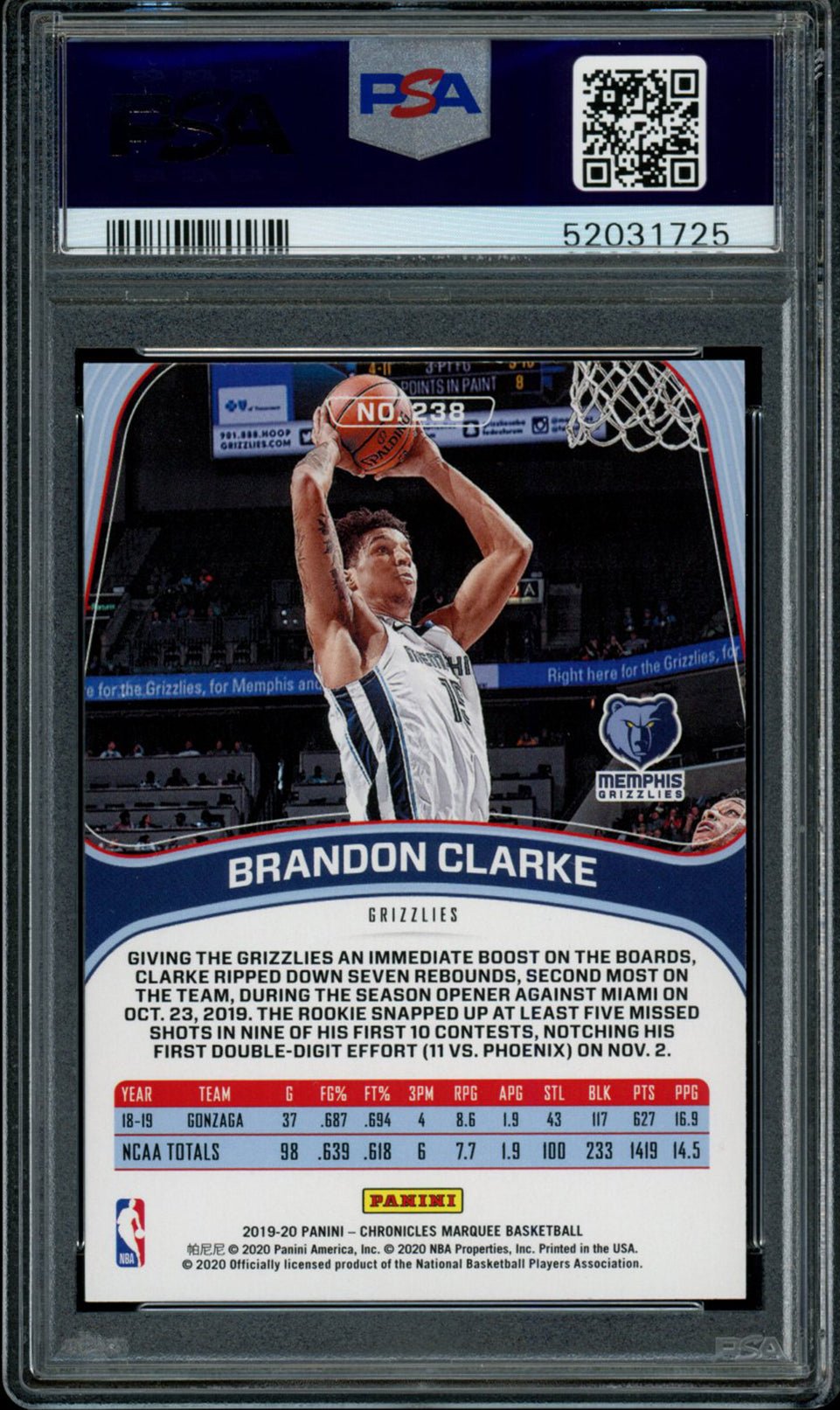 BRANDON CLARKE PSA 10 2019-20 Panini Chronicles RC Marquee Teal #238 Basketball Graded Cards Parallel RC - Hobby Gems