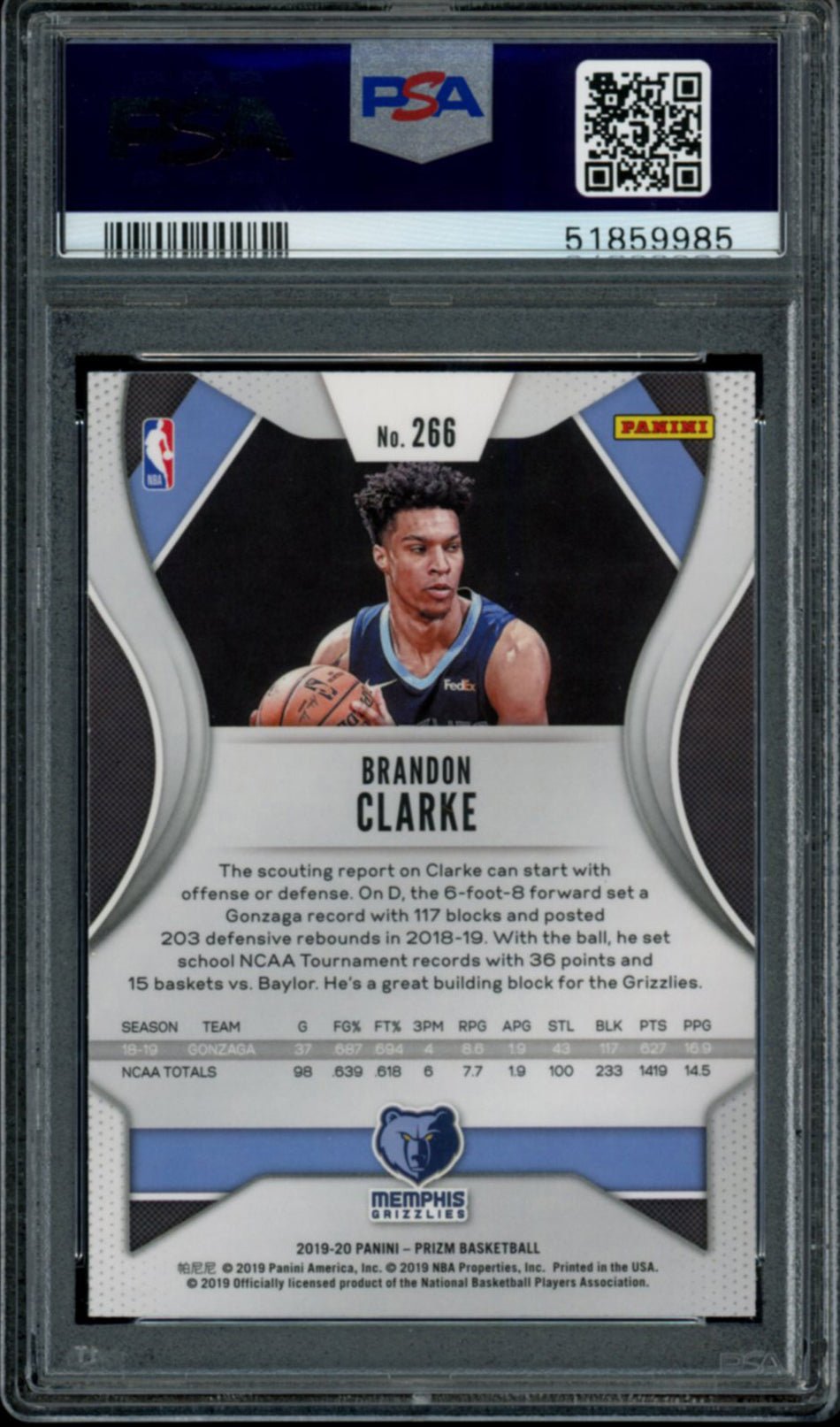 BRANDON CLARKE PSA 10 2019-20 Panini Prizm RC #266 Basketball Base Graded Cards RC - Hobby Gems