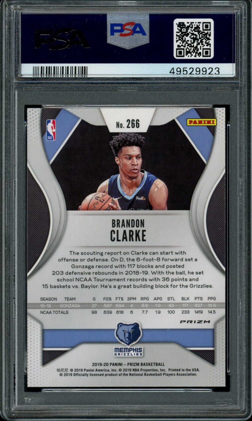 BRANDON CLARKE PSA 10 2019-20 Panini Prizm RC Red White Blue Prizm #266 Basketball Graded Cards Parallel RC - Hobby Gems