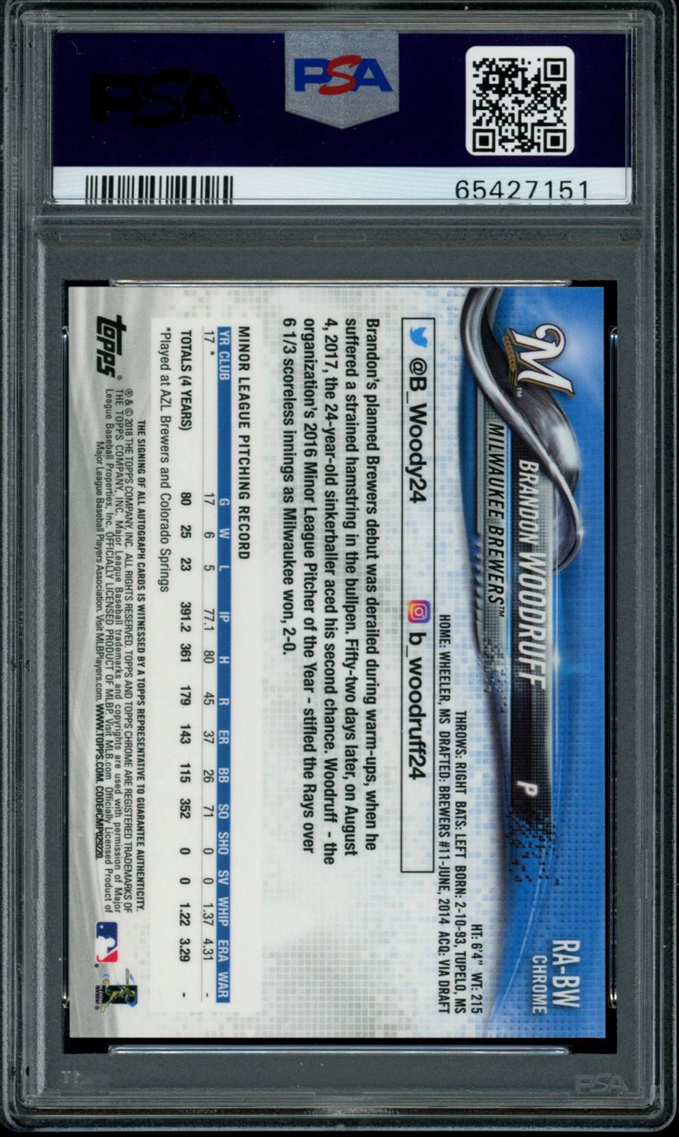 BRANDON WOODRUFF PSA 10 2018 Topps Chrome Auto Autograph #RA-BW Baseball Autograph Graded Cards - Hobby Gems