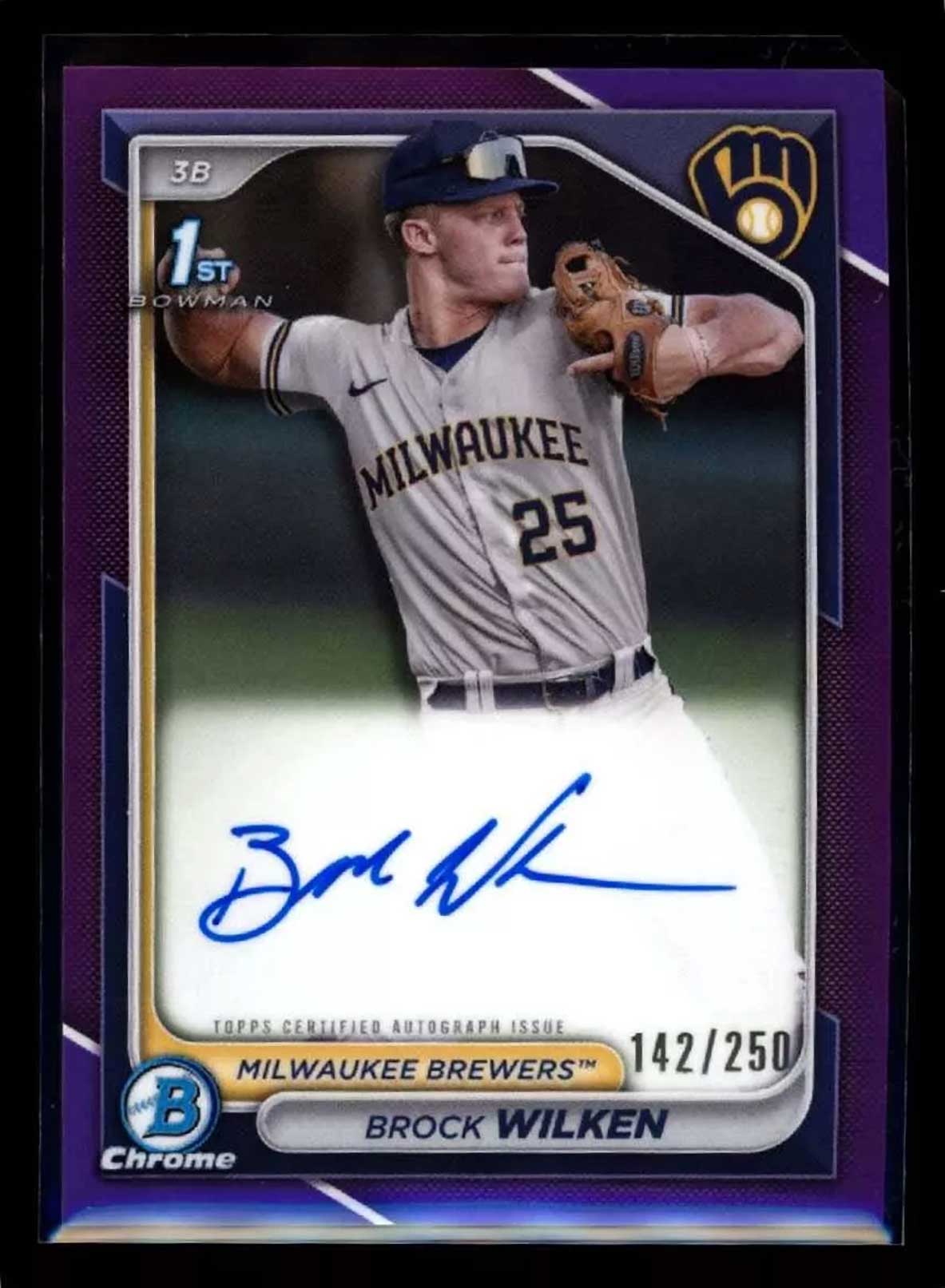 BROCK WILKEN 2024 Bowman Chrome Autograph Purple Refractor #CPABW 142/250 Baseball Autograph Parallel Prospect - Hobby Gems