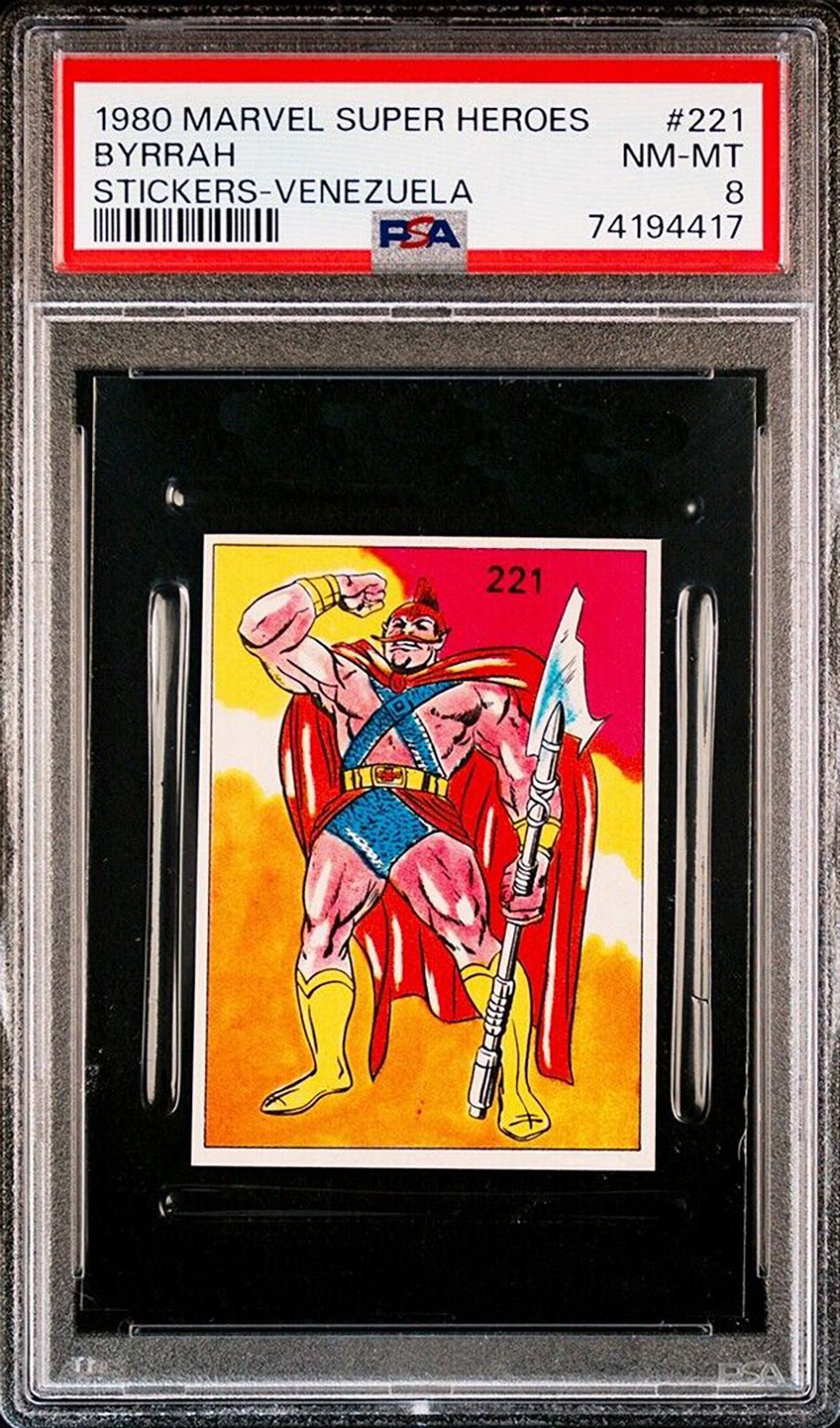 BYRRAH PSA 8 1980 Marvel Super Heroes Sticker Venezuela #221 Marvel Graded Cards Sticker - Hobby Gems