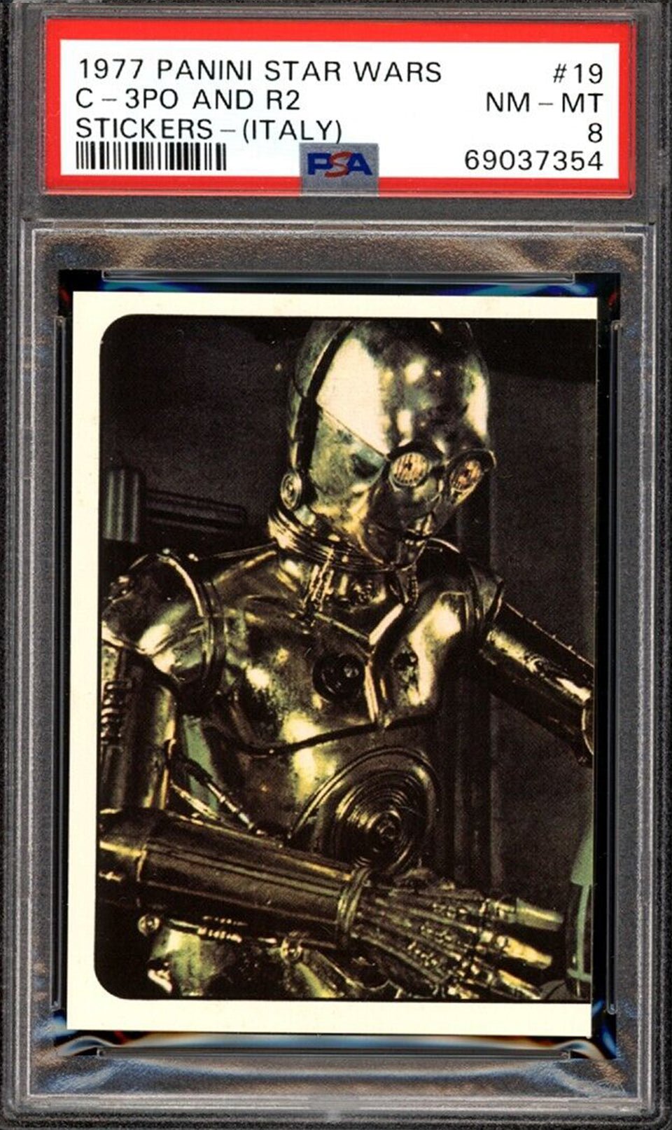 C-3PO PSA 8 1977 Star Wars Panini Italy Sticker R2-D2 #19 Star Wars Base Graded Cards - Hobby Gems