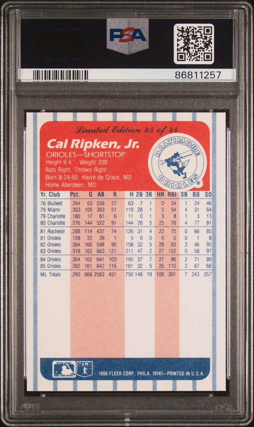 CAL RIPKEN JR PSA 10 1986 Fleer League Leaders #35 Baseball Base Graded Cards - Hobby Gems