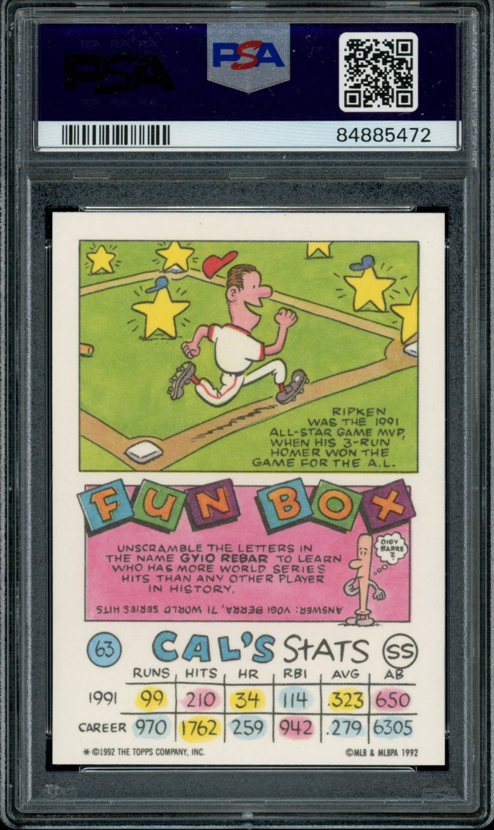 CAL RIPKEN JR PSA 10 1992 Topps Kids #63 Baseball Base Graded Cards - Hobby Gems