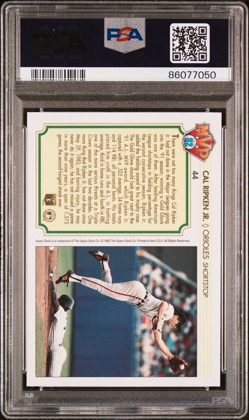 CAL RIPKEN JR PSA 8 1992 Upper Deck MVP Hologram #44 Baseball Base Graded Cards - Hobby Gems