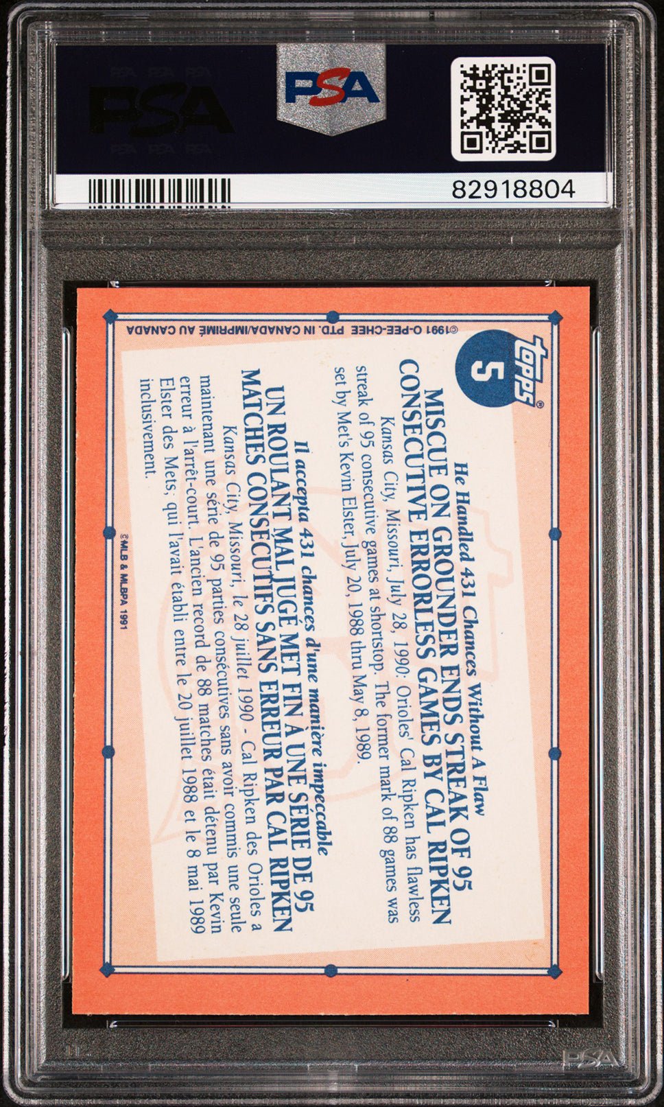 CAL RIPKEN JR PSA 9 1991 O-Pee-Chee Record Breaker #5 Baseball Base Graded Cards - Hobby Gems