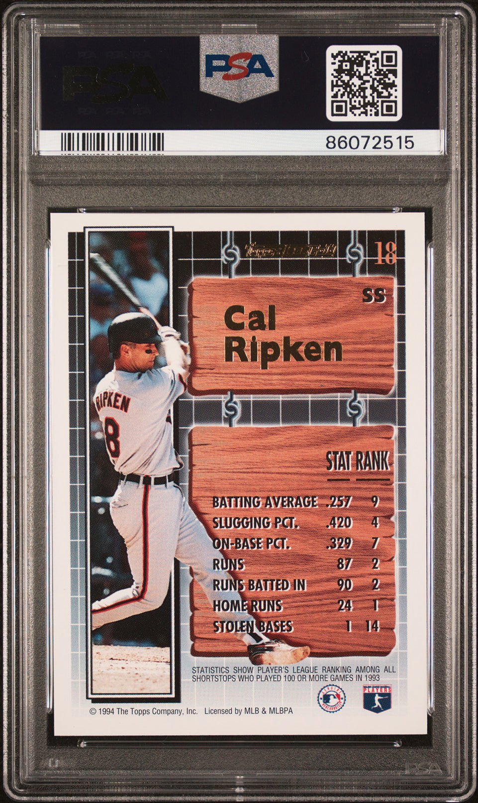 CAL RIPKEN JR PSA 9 1994 Topps Black Gold #18 C1 Baseball Graded Cards Insert - Hobby Gems