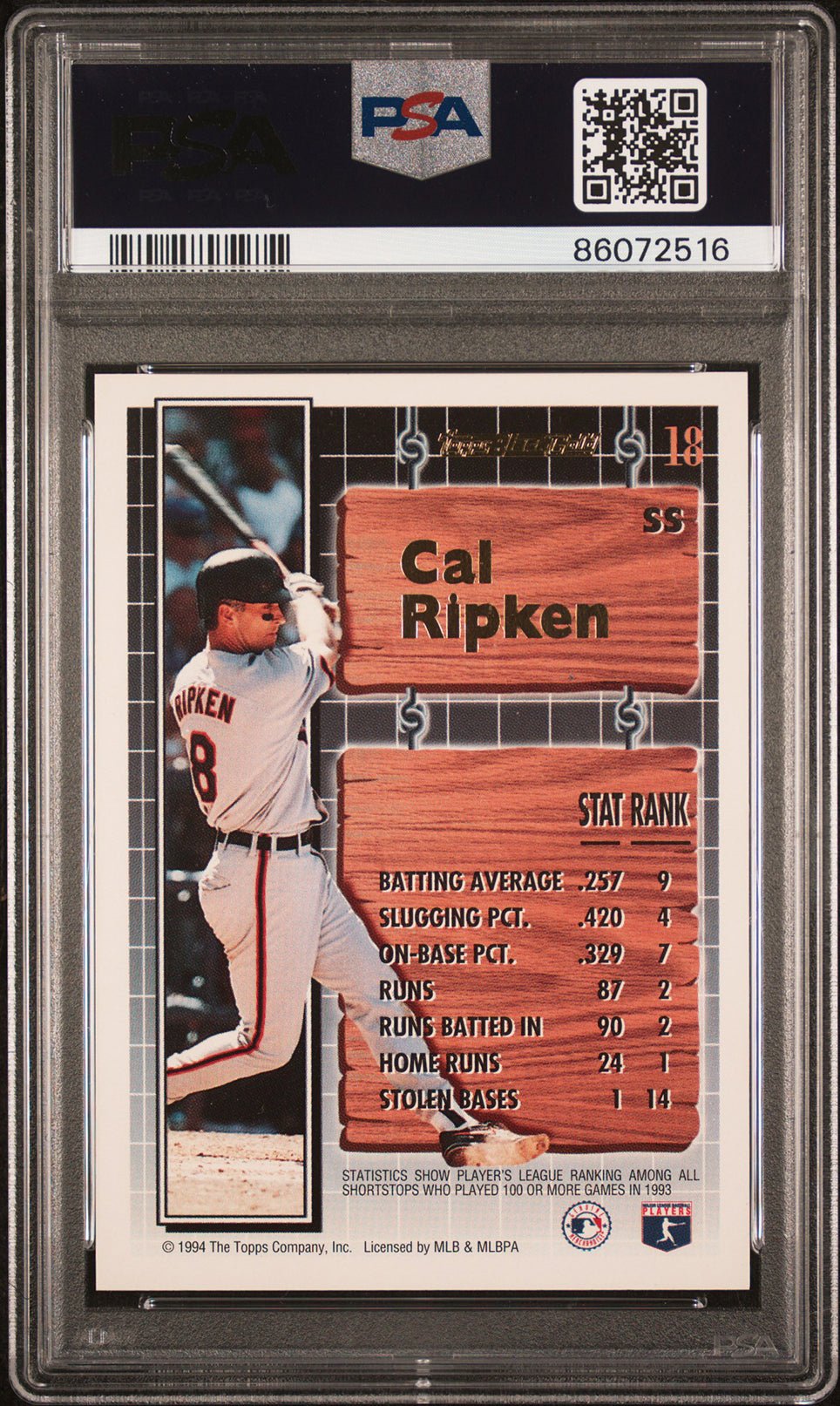 CAL RIPKEN JR PSA 9 1994 Topps Black Gold #18 C2 Baseball Graded Cards Insert - Hobby Gems