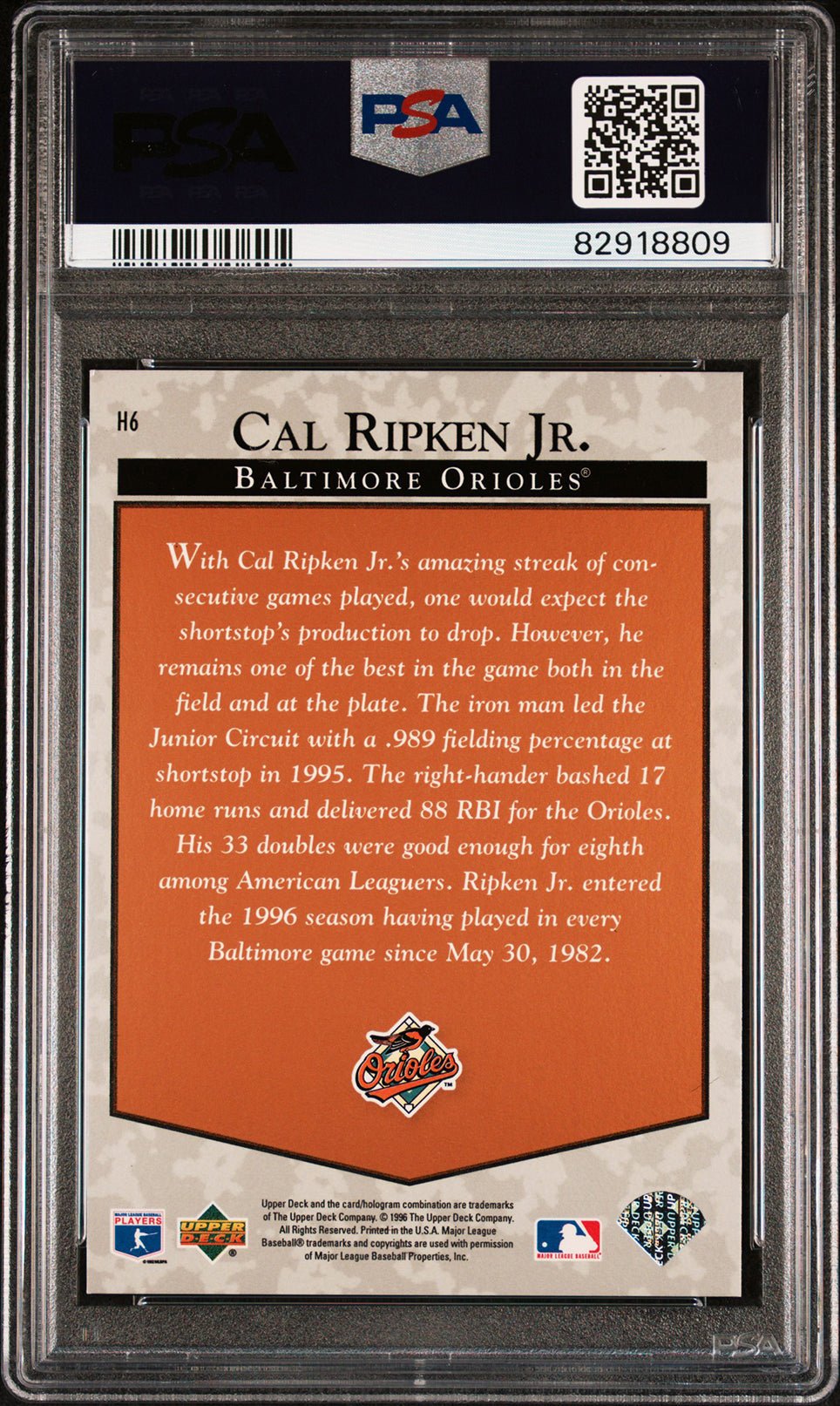 CAL RIPKEN JR PSA 9 1996 Upper Deck Hobby Predictor Redemption #H6 Baseball Graded Cards Insert - Hobby Gems