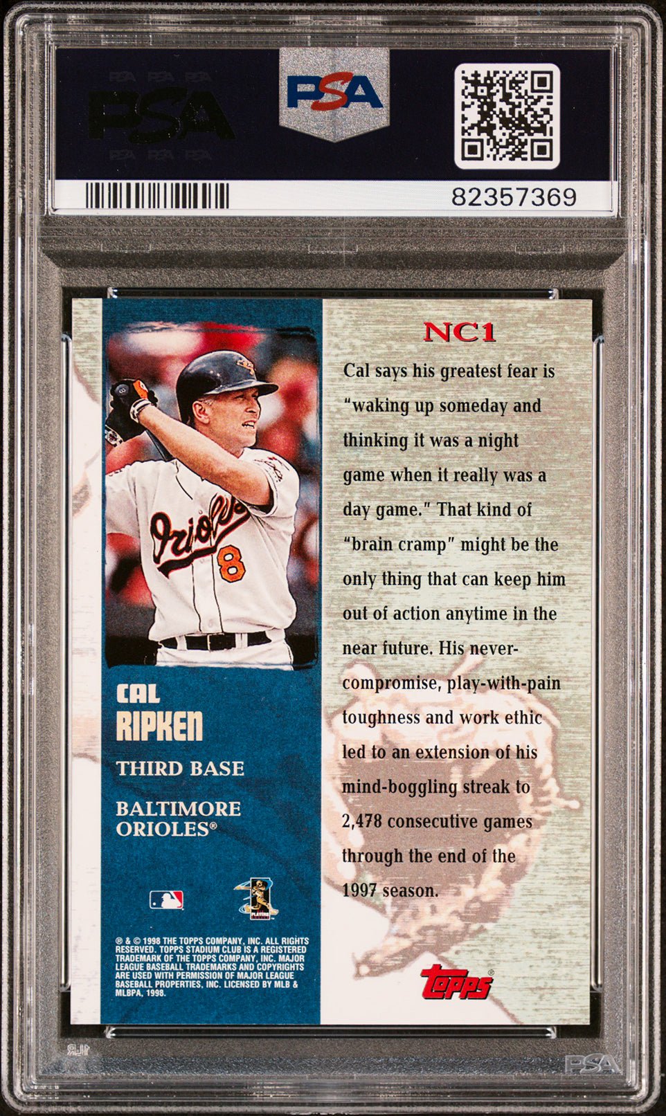 CAL RIPKEN JR PSA 9 1998 Stadium Club Never Compromise #NC1 Baseball Graded Cards Insert - Hobby Gems