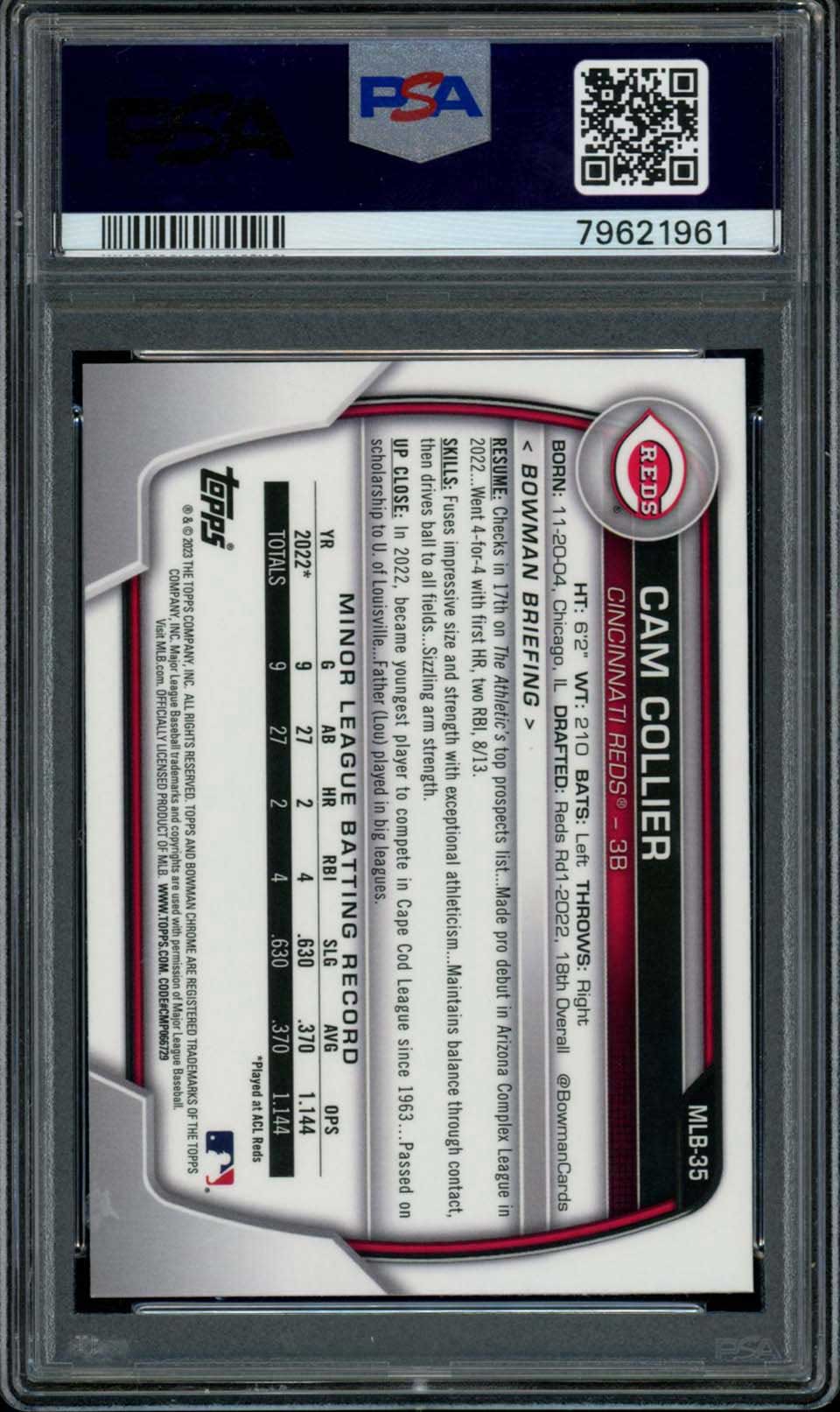 CAM COLLIER PSA 10 2023 Bowman Chrome Refractor National NSCC #35 Baseball Graded Cards Parallel Prospect - Hobby Gems