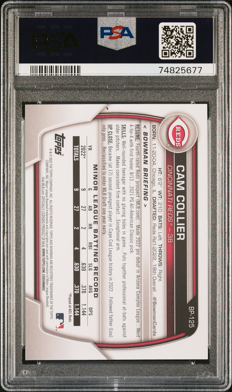 CAM COLLIER PSA 9 2023 Bowman Prospects #BP125 Baseball Base Graded Cards Prospect - Hobby Gems