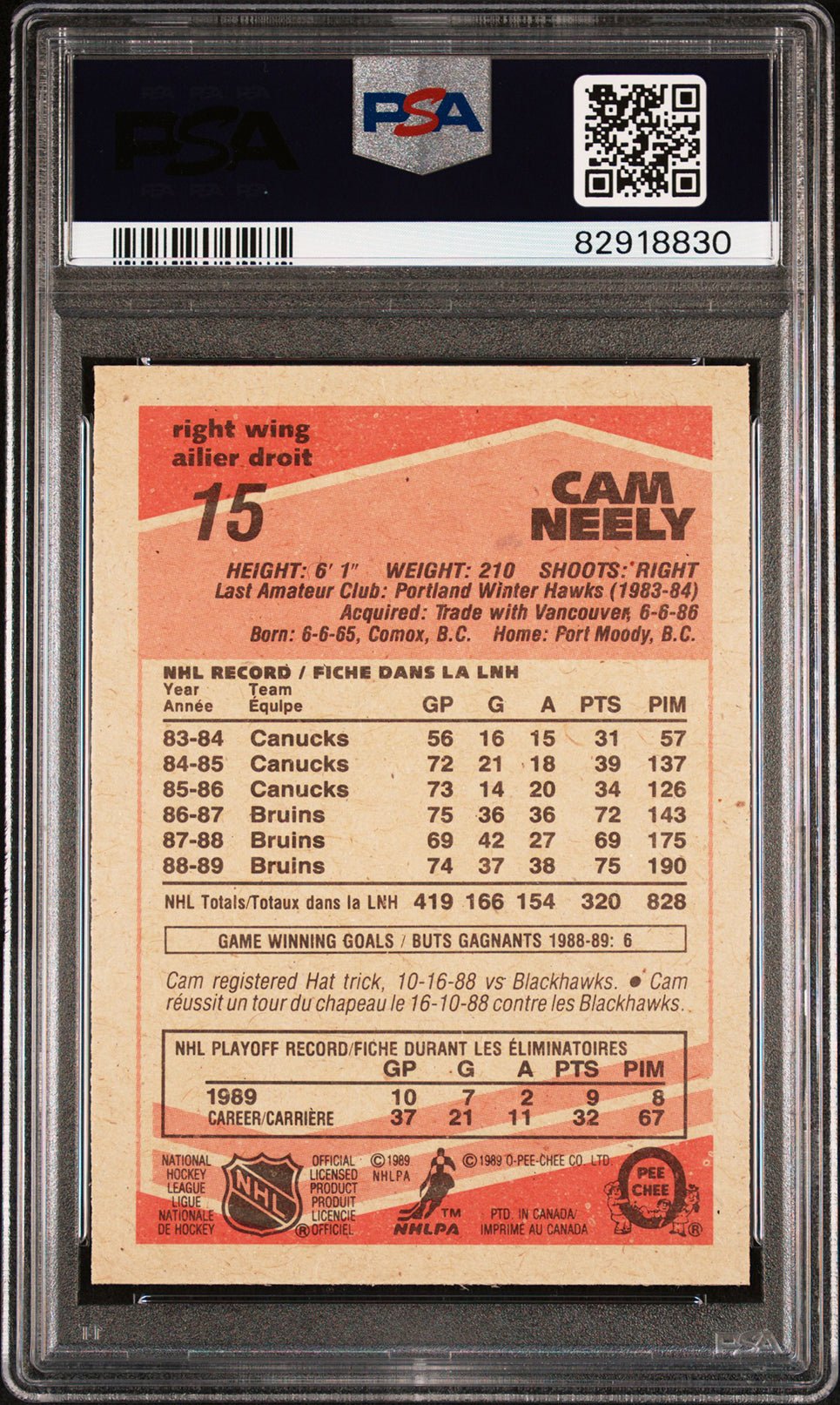 CAM NEELY PSA 9 1989-90 O-Pee Chee #15 Hockey Base Graded Cards - Hobby Gems