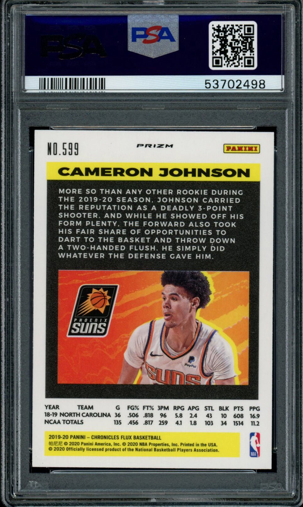 CAMERON JOHNSON PSA 10 2019-20 Panini Chronicles RC Flux Bronze Prizm #599 SSP Basketball Graded Cards Parallel RC - Hobby Gems