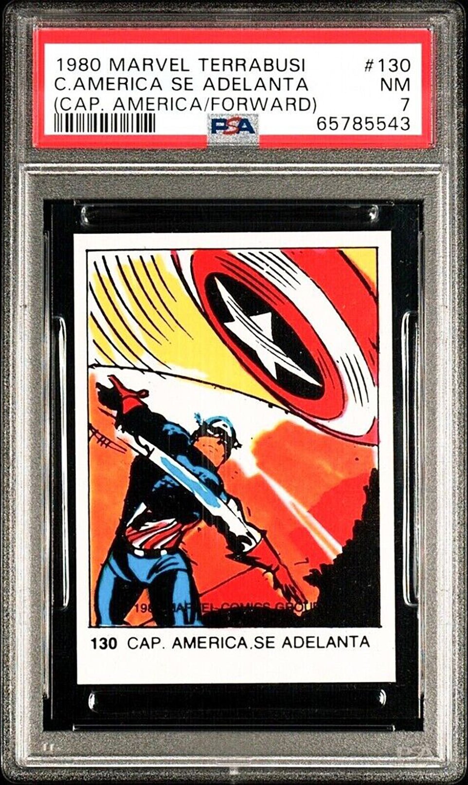 CAPTAIN AMERICA PSA 7 1980 Spanish Marvel Superheroes Terrabusi Insert Card #130 Marvel Graded Cards Insert - Hobby Gems